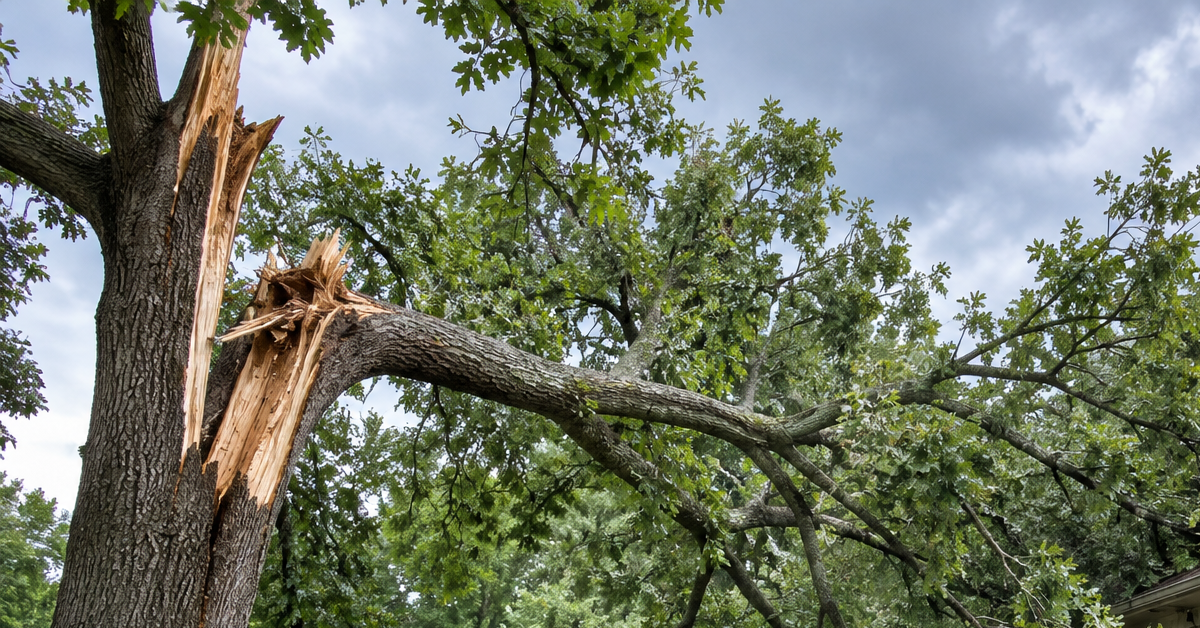 storm-damaged oak tree leaning toward a home in Eastern Oklahoma