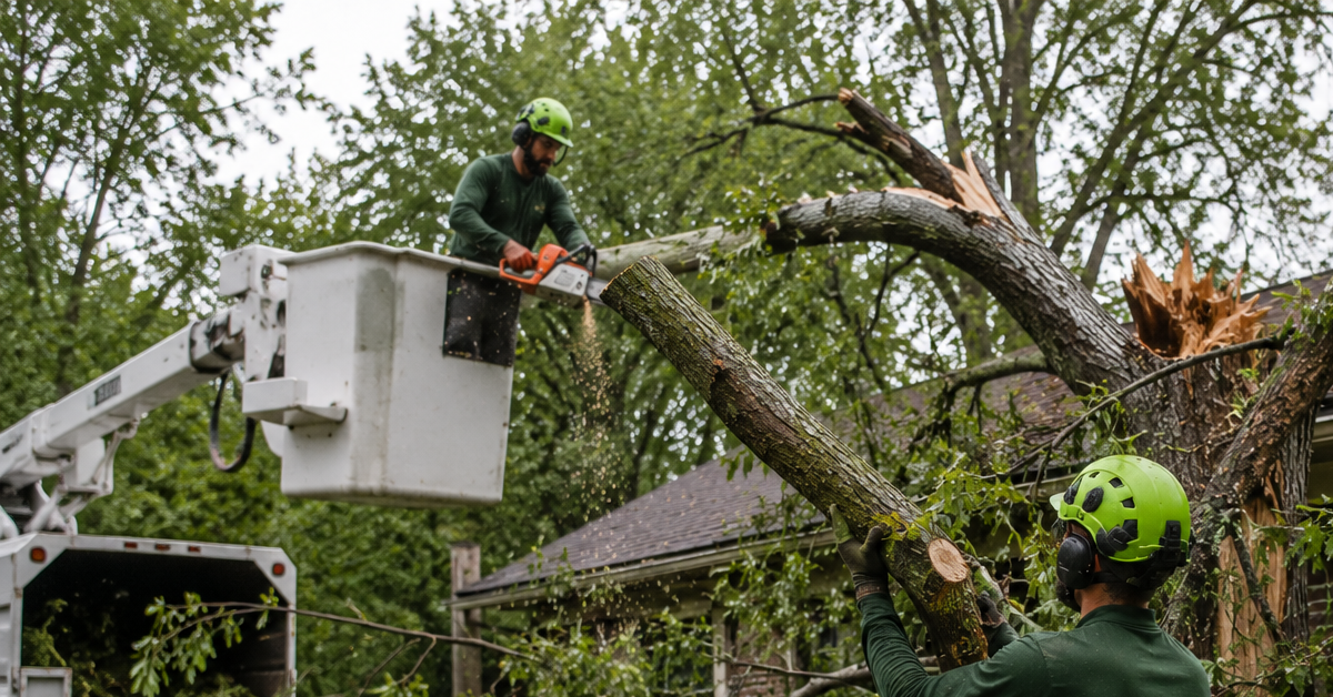 Tree crew removing storm-damaged branches from a property in Muskogee, Oklahoma