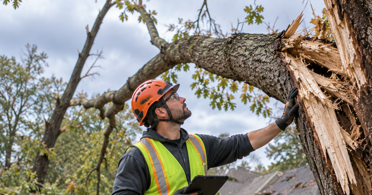 Arborist inspecting a storm-damaged tree in Eastern Oklahoma