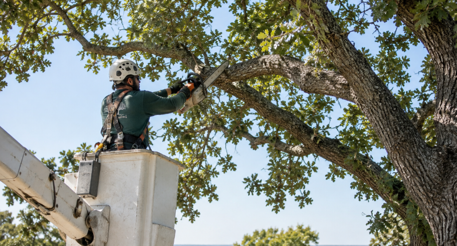 oak canopy being pruned by a Checotah Tree Service arborist