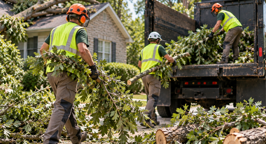 Crew hauling debris after an emergency tree cleanup